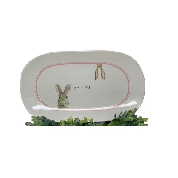 Rae Dunn GONE HUNTING Easter Bunny Rabbit Platter Kitchen White Pink New Spring - Picture 11 of 11